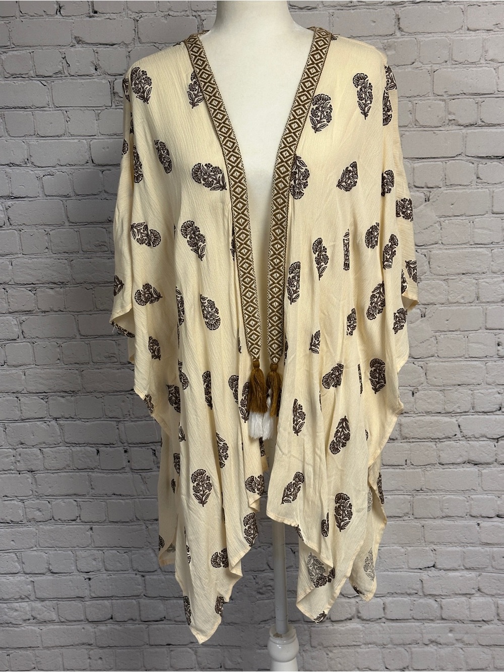 Style & Co. Cream and Brown Printed Boho Tassel Kimono